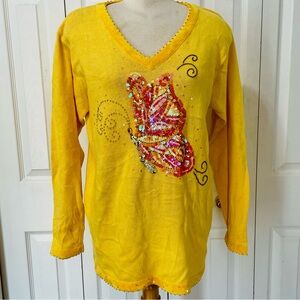 Quacker Factory Yellow Sequin Beaded Butterfly V-Neck Sweater